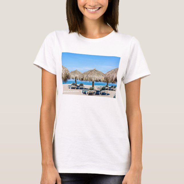 Lounge Chairs And Thatch Umbrellas On Beach T-Shirt (Front)