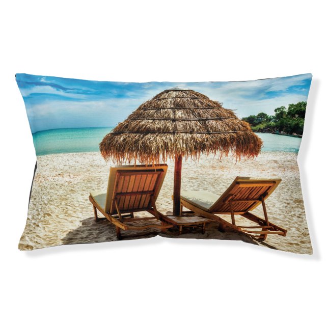 Lounge chairs on beach throw pillow (Front)