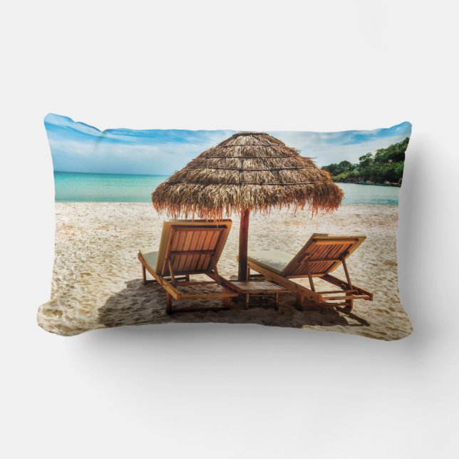 Lounge chairs on beach throw pillow (Front)