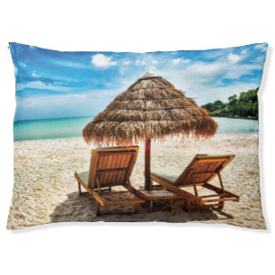 Lounge chairs on beach throw pillow
