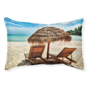 Lounge chairs on beach throw pillow