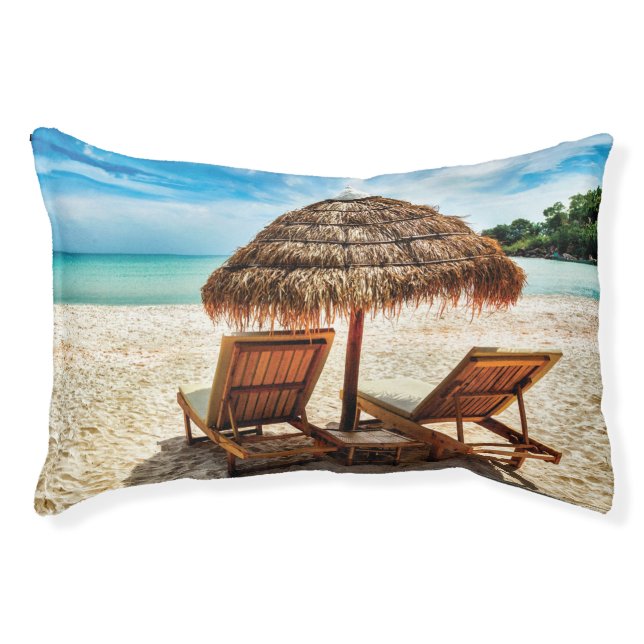 Lounge chairs on beach throw pillow (Front)