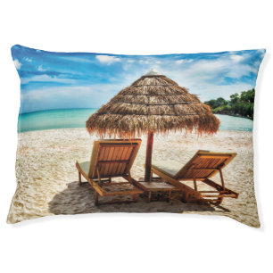 Lounge chairs on beach throw pillow