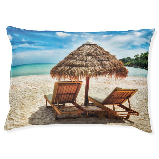 Lounge chairs on beach throw pillow (Front)