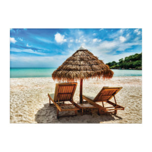 Lounge chairs on beach throw pillow acrylic print