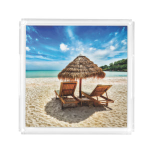 Lounge chairs on beach throw pillow acrylic tray