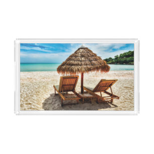 Lounge chairs on beach throw pillow acrylic tray