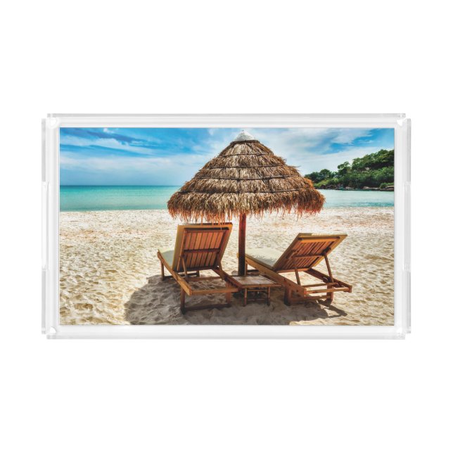 Lounge chairs on beach throw pillow acrylic tray (Front)