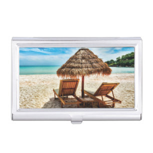 Lounge chairs on beach throw pillow business card case