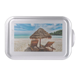 Lounge chairs on beach throw pillow cake pan