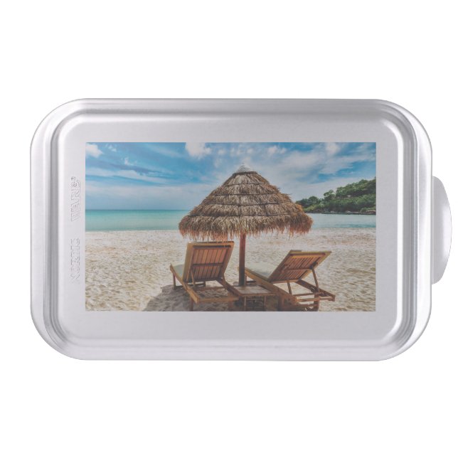 Lounge chairs on beach throw pillow cake pan (Front)