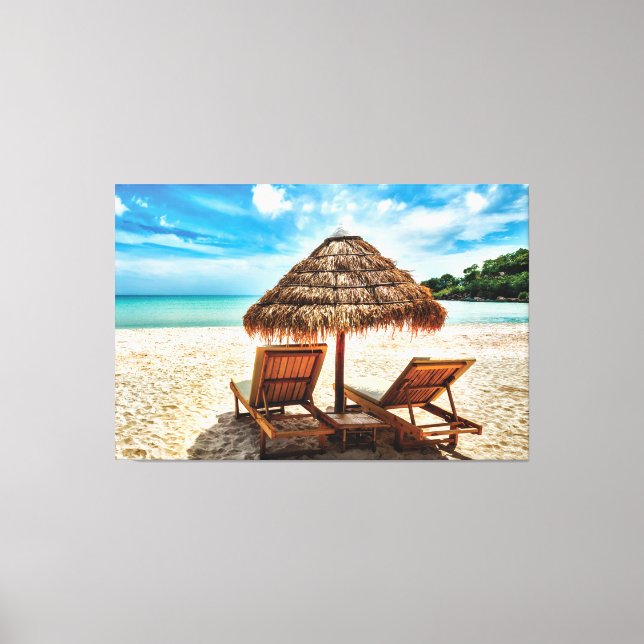 Lounge chairs on beach throw pillow canvas print (Front)