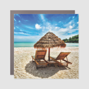 Lounge chairs on beach throw pillow car magnet