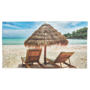 Lounge chairs on beach throw pillow case