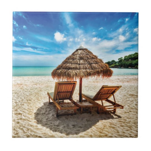 Lounge chairs on beach throw pillow ceramic tile