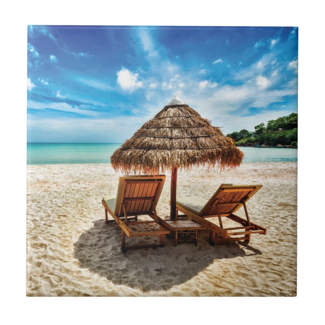 Lounge chairs on beach throw pillow ceramic tile (Front)