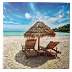 Lounge chairs on beach throw pillow ceramic tile