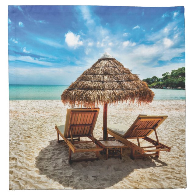 Lounge chairs on beach throw pillow cloth napkin (Front)