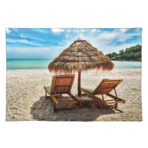Lounge chairs on beach throw pillow cloth placemat