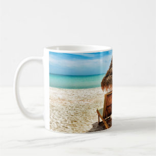 Lounge chairs on beach throw pillow coffee mug