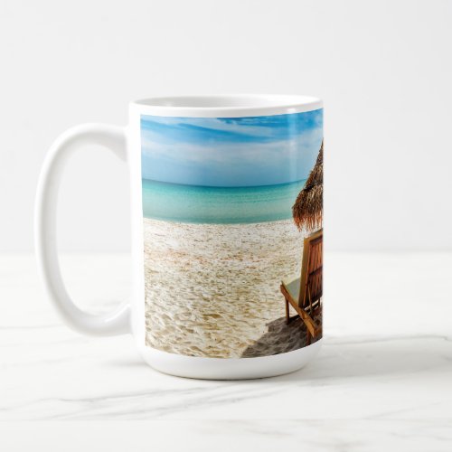 Lounge chairs on beach throw pillow coffee mug
