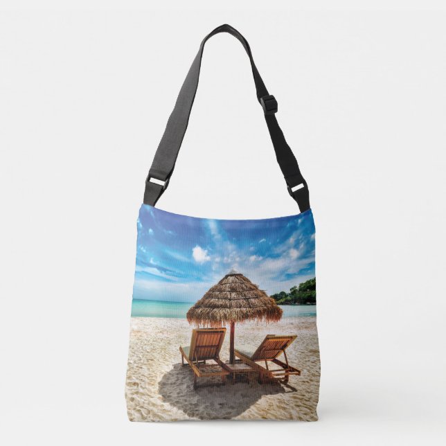 Lounge chairs on beach throw pillow crossbody bag (Front)