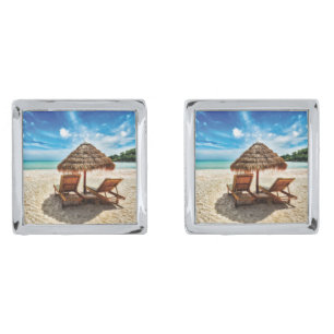 Lounge chairs on beach throw pillow cufflinks