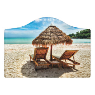 Lounge chairs on beach throw pillow door sign