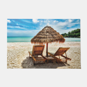 Lounge chairs on beach throw pillow doormat