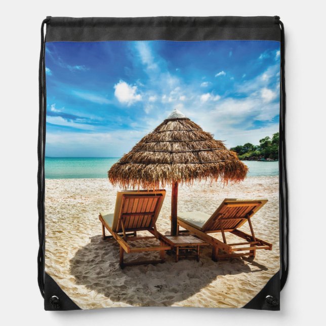 Lounge chairs on beach throw pillow drawstring bag (Front)