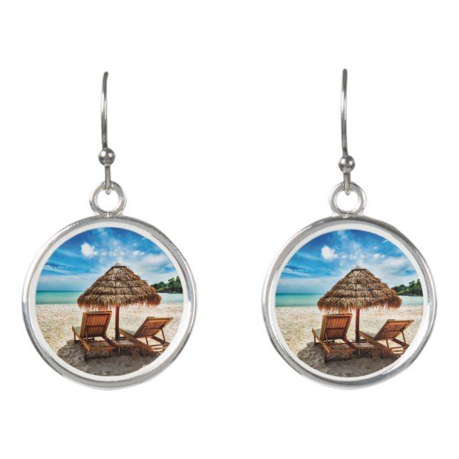 Lounge chairs on beach throw pillow earrings (Front)