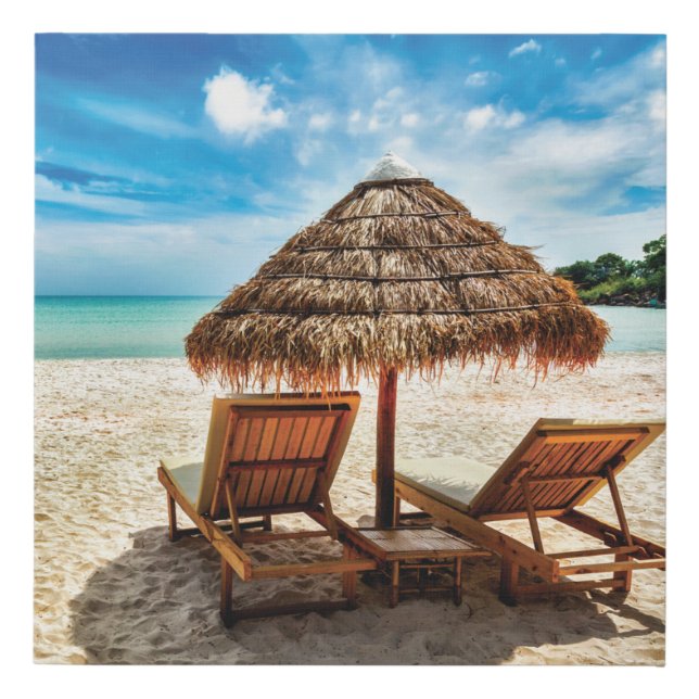 Lounge chairs on beach throw pillow faux canvas print (Front)