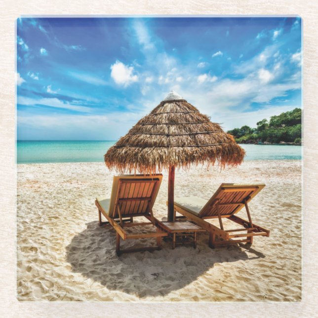 Lounge chairs on beach throw pillow glass coaster (Front)