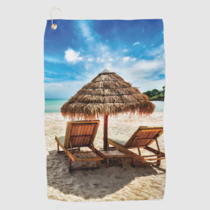 Lounge chairs on beach throw pillow golf towel