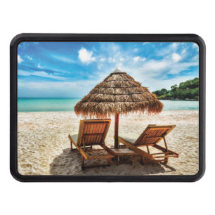 Lounge chairs on beach throw pillow hitch cover