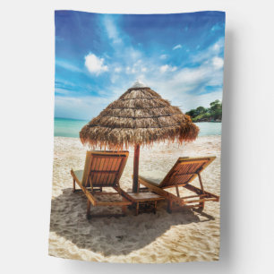 Lounge chairs on beach throw pillow house flag