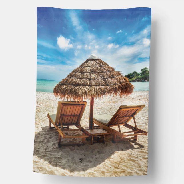 Lounge chairs on beach throw pillow house flag (Front)