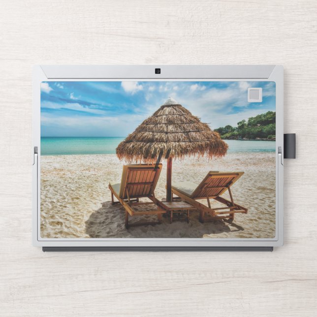 Lounge chairs on beach throw pillow HP laptop skin (Front)