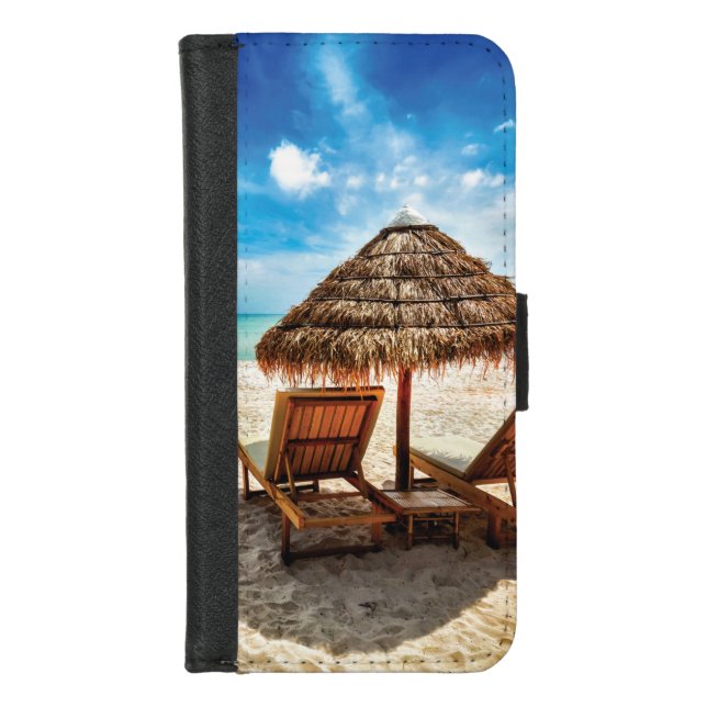 Lounge chairs on beach throw pillow iPhone wallet case (Front)