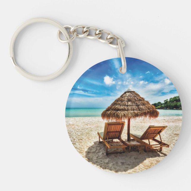 Lounge chairs on beach throw pillow keychain (Front)