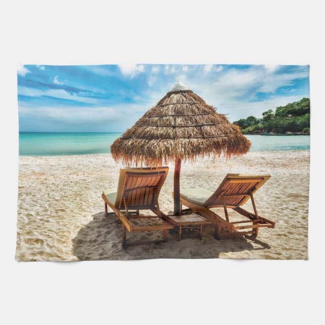 Lounge chairs on beach throw pillow kitchen towel (Horizontal)
