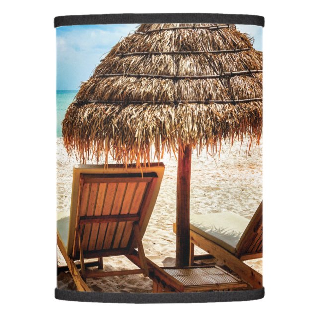 Lounge chairs on beach throw pillow lamp shade (Front)