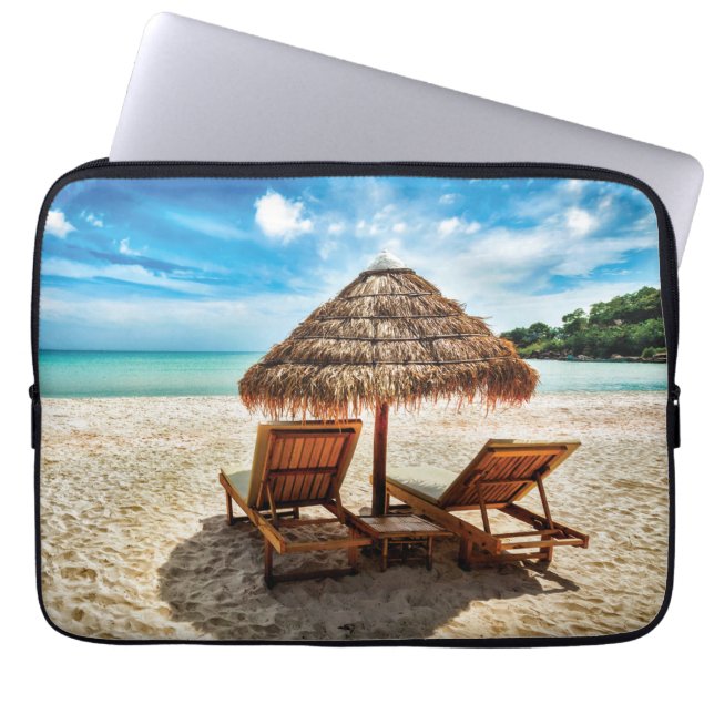 Lounge chairs on beach throw pillow laptop sleeve (Front)