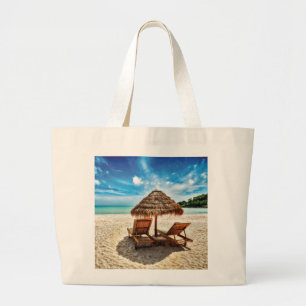 Lounge chairs on beach throw pillow large tote bag