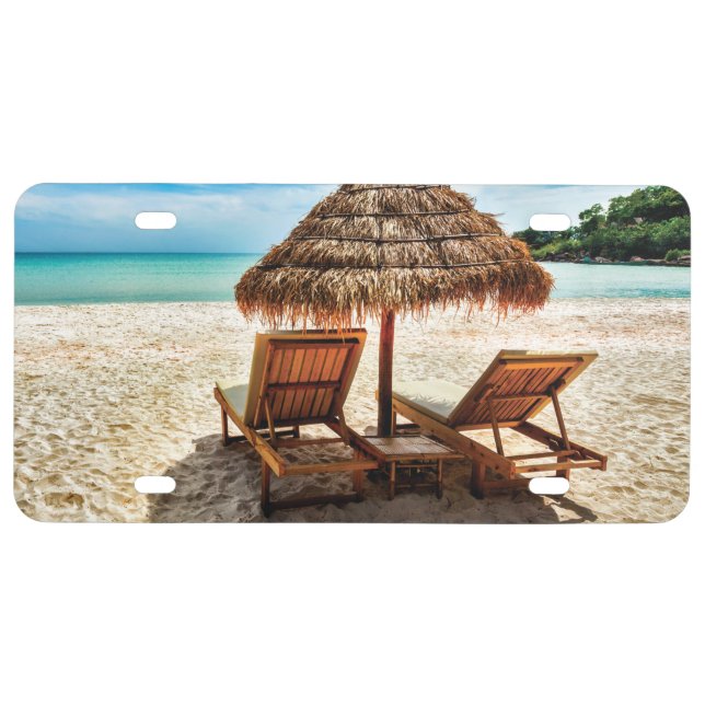 Lounge chairs on beach throw pillow license plate (Front)