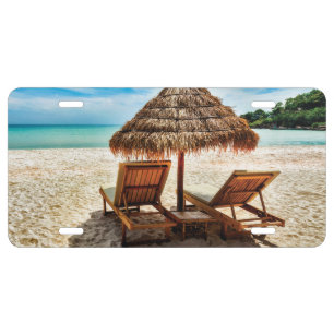 Lounge chairs on beach throw pillow license plate