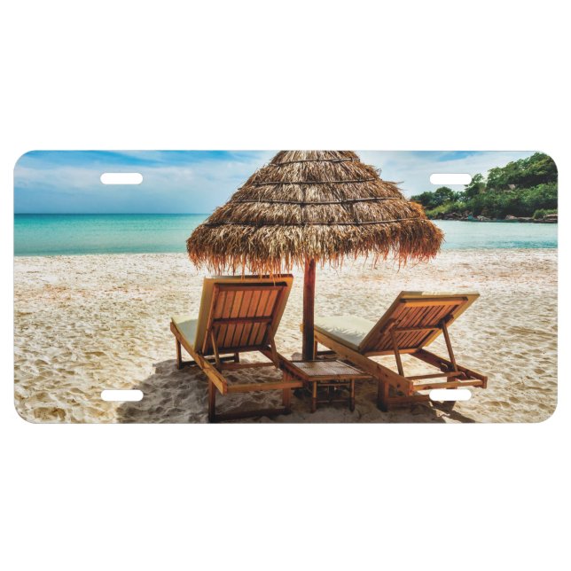Lounge chairs on beach throw pillow license plate (Front)