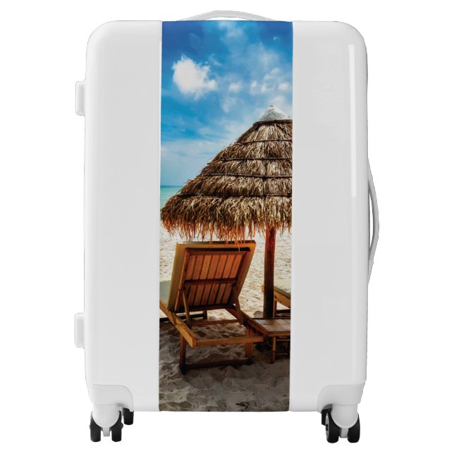 Lounge chairs on beach throw pillow luggage (Front)