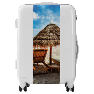 Lounge chairs on beach throw pillow luggage