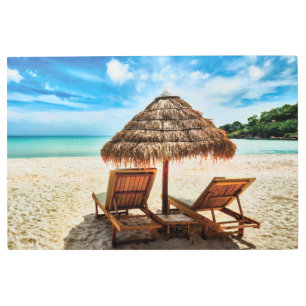 Lounge chairs on beach throw pillow metal print